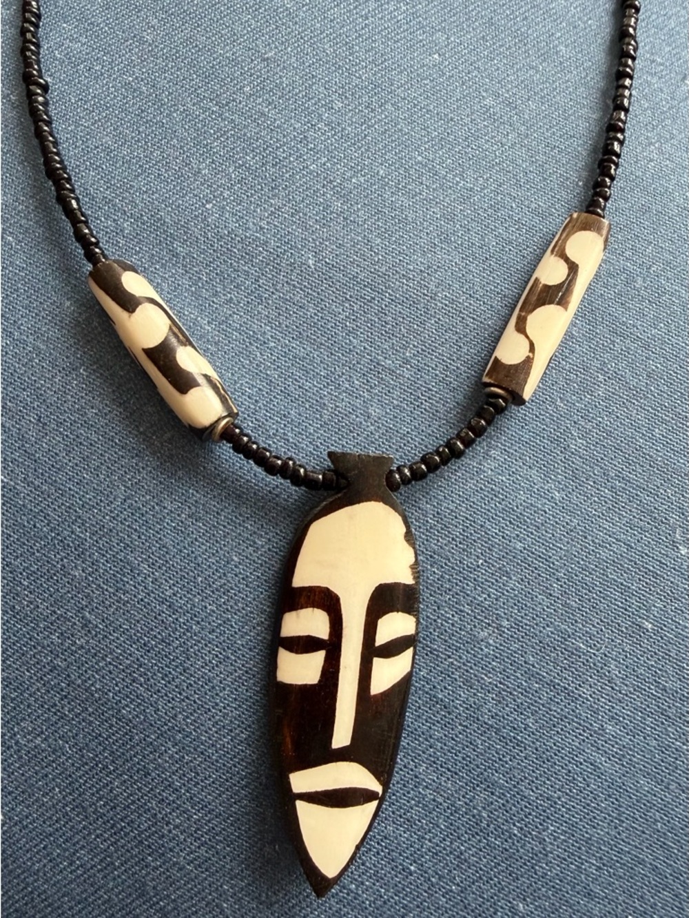 African carved cow bone Tribal Face Pendant Necklace/side bars Black/Cream unise